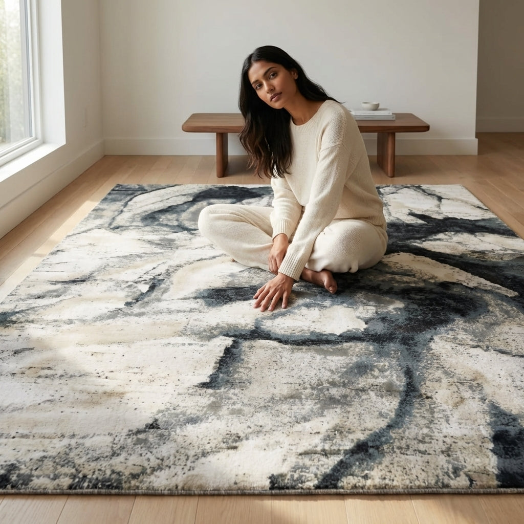 Woman sitting on a modern abstract rug in a minimalistic room.